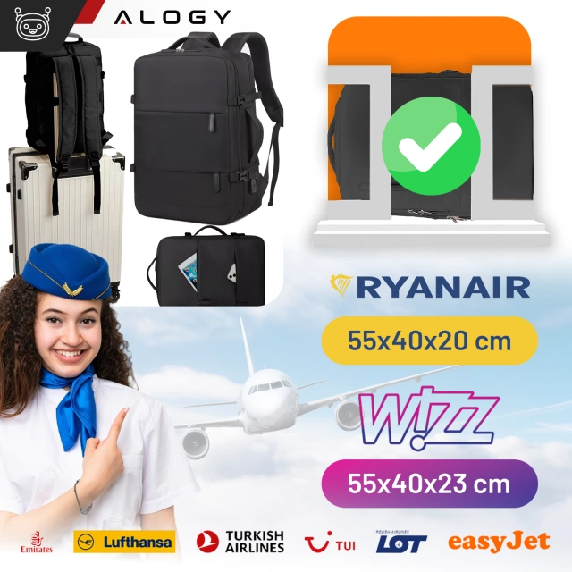Plecak Alogy na laptopa akcesoria podróżny 46x32x15 cm do pracy szkoły samolotu podróżny męski damski Czarny