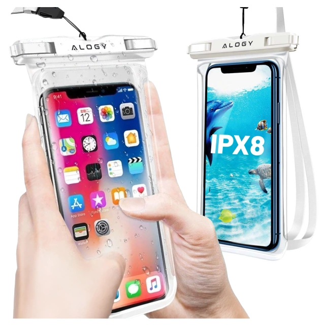 Etui Wodoodporne Uniwersalne IPX8 do Telefonów do 6.5", Wodoszczelna Ochrona na Plażę, Basen i Kajak, Dotykowy Front i Pasek na Szyję, Alogy HydroShield™ – Białe