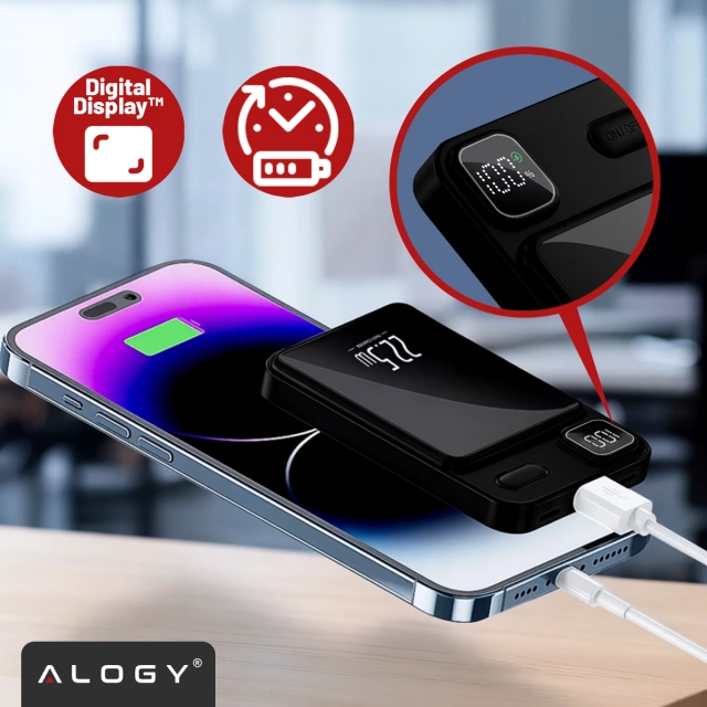 PowerBank Bezprzewodowy 10000mAh z Technologią MagSafe, Szybkie Ładowanie 22.5W PD20W, Kompaktowy i Magnetyczny, Alogy MagCharge™ – Czarny