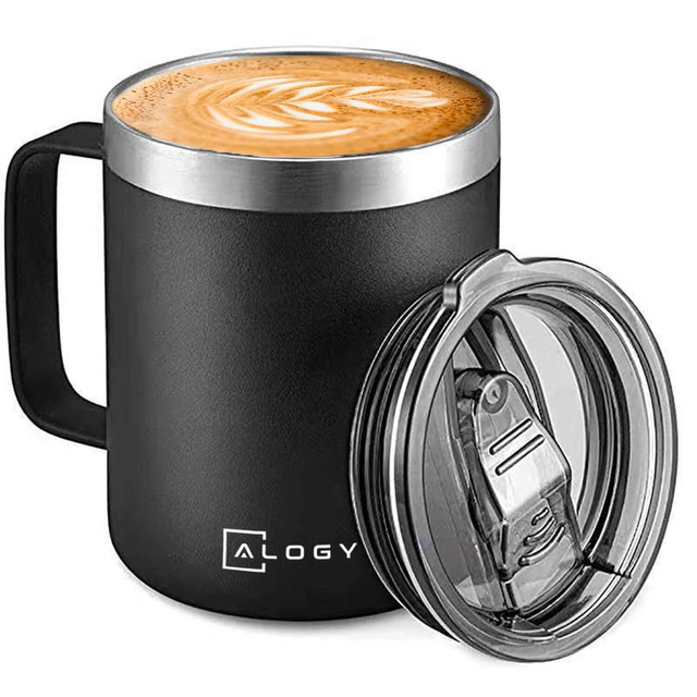 Alogy Kubek termiczny z uchwytem Thermal Mug otwierana pokrywka stalowy zimno i ciepło Czarny
