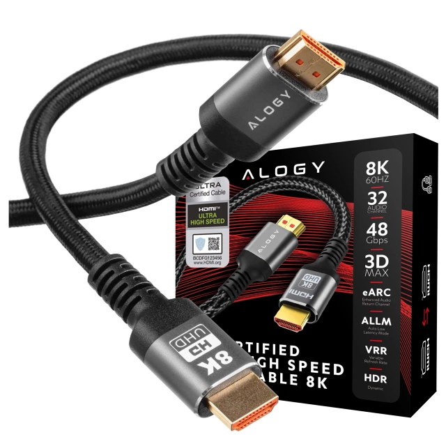 Kabel HDMI 2.1 Alogy 1m 4K 8K PREMIUM MIEDŹ ULTRA High Speed 60Hz 48GBps Czarny