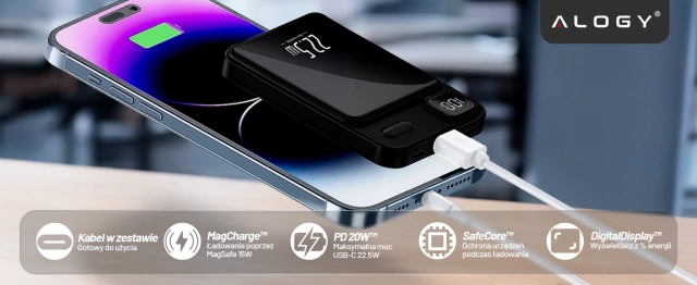 PowerBank Bezprzewodowy 10000mAh z Technologią MagSafe, Szybkie Ładowanie 22.5W PD20W, Kompaktowy i Magnetyczny, Alogy MagCharge™ – Czarny