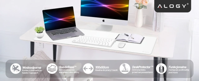 Podkładka na biurko 100×50 cm – antypoślizgowa mata ochronna z eleganckiej ekoskóry PU, pod mysz i klawiaturę, stylowa i trwała – Alogy WorkMat™ Biała