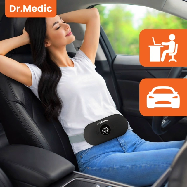 Pas Grzejący z Masażerem na okres i plecy - przeciwbólowy, ciepło + wibracje, 6 poziomów intensywności, akumulator 1800 mAh - Dr.Medic ThermoPulse™ Czarny