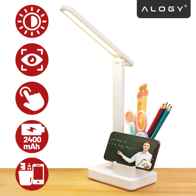Lampka biurkowa nocna LED – akumulator 2400 mAh, organizer na długopisy i telefon, regulowane światło, idealna na biurko i do nauki – Alogy Light&Organize™ Biała