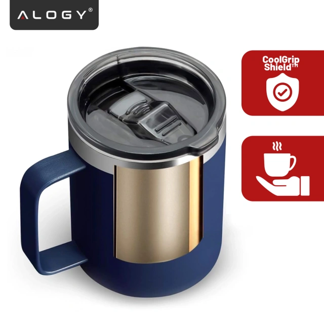Alogy Kubek termiczny z uchwytem Thermal Mug otwierana pokrywka stalowy zimno i ciepło granatowy