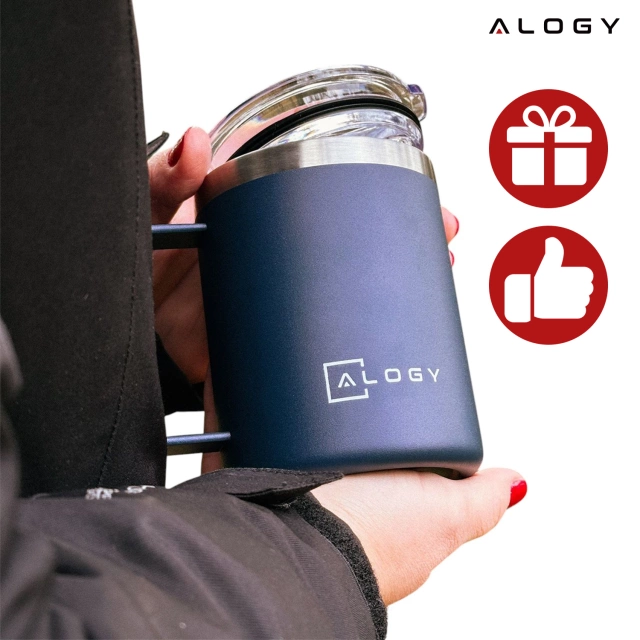 Alogy Kubek termiczny z uchwytem Thermal Mug otwierana pokrywka stalowy zimno i ciepło granatowy