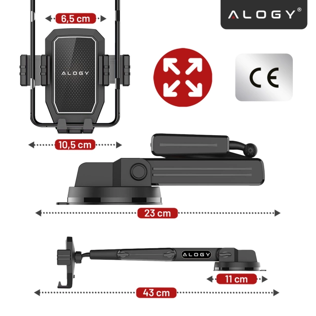 Uchwyt samochodowy na telefon 7.2" do tira busa ciężarówki koparki samochodu Długi 43cm na szybę kokpit Alogy Czarny