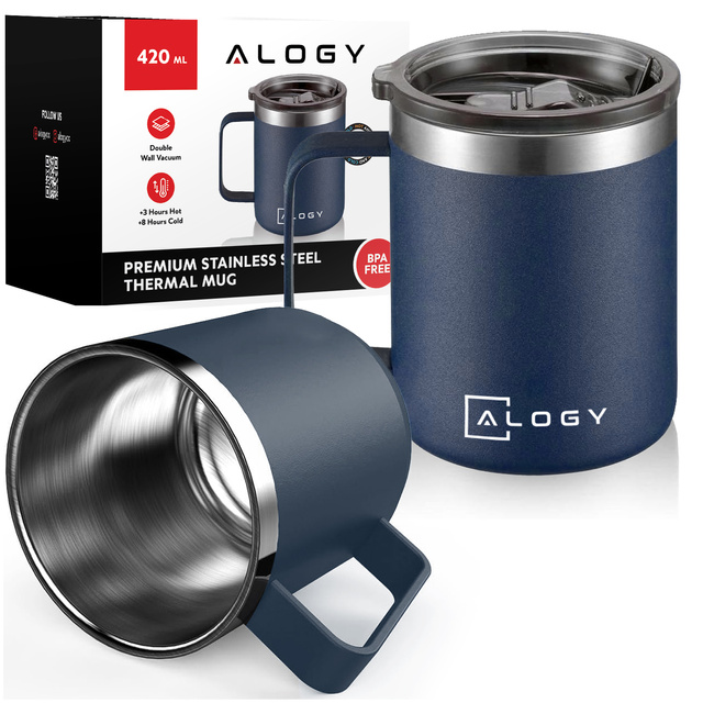 Alogy Kubek termiczny z uchwytem Thermal Mug otwierana pokrywka stalowy zimno i ciepło granatowy
