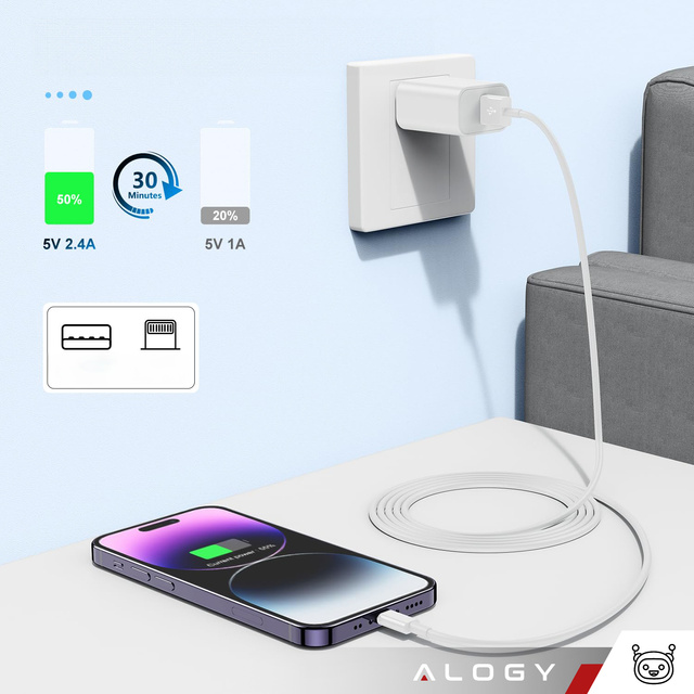 Alogy Kabel przewód 2m Fast Charge Cable USB do Lightning do ładowania 20W biały 