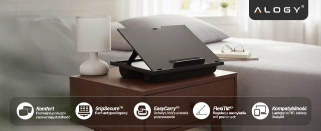 Składana Podstawka na Laptopa do 16 cali z Regulacją Kąta Nachylenia, Miękkimi Poduszkami i Antypoślizgową Powierzchnią, do Pracy w Łóżku i na Sofie, Alogy LapDesk™ – Czarna