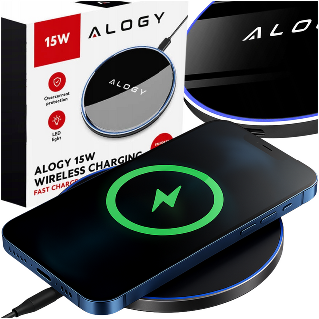 Ładowarka indukcyjna Ultra-Slim Qi 15W – bezprzewodowa, szybkie ładowanie z podświetleniem LED, okrągła do iPhone Samsung, w zestawie kabel USB-C – Alogy SlimCharge™ Czarna