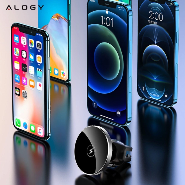 Alogy Uchwyt do samochodu 2w1 z ładowarką Qi Airvent MagSafe Charger do MagSafe 15W do kratki samochodowy Czarny