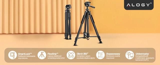 Alogy Statyw Fotograficzny Tripod Uniwersalny stojak do Kamer 1/4 uchwyt na telefon aparat 170cm Czarny