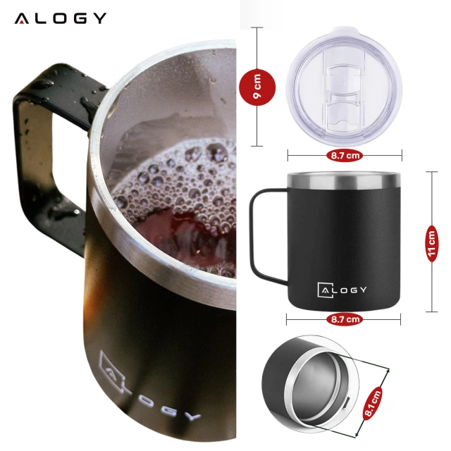 Alogy Kubek termiczny z uchwytem Thermal Mug otwierana pokrywka stalowy zimno i ciepło Czarny