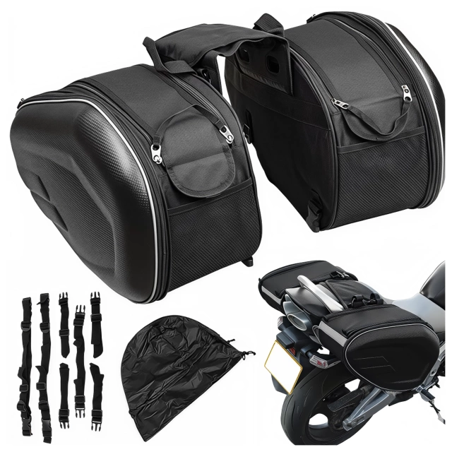 Sakwa Motocyklowa 38–58L – Torba, Kufry boczne, Sakwa na Tylne Siedzenie, Wodoodporna, Twardy Materiał, Regulowana na Motocykl – Alogy RoadPack™ Czarna