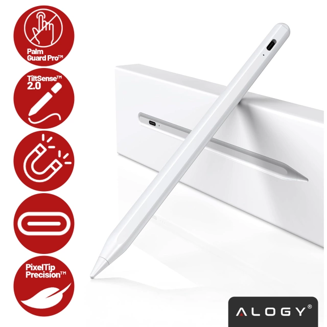 Rysik do Apple iPad Alogy Pencil z funkcją Palm Rejection Tilt Magnetyczny USB-C + zapasowa końcówka Biały