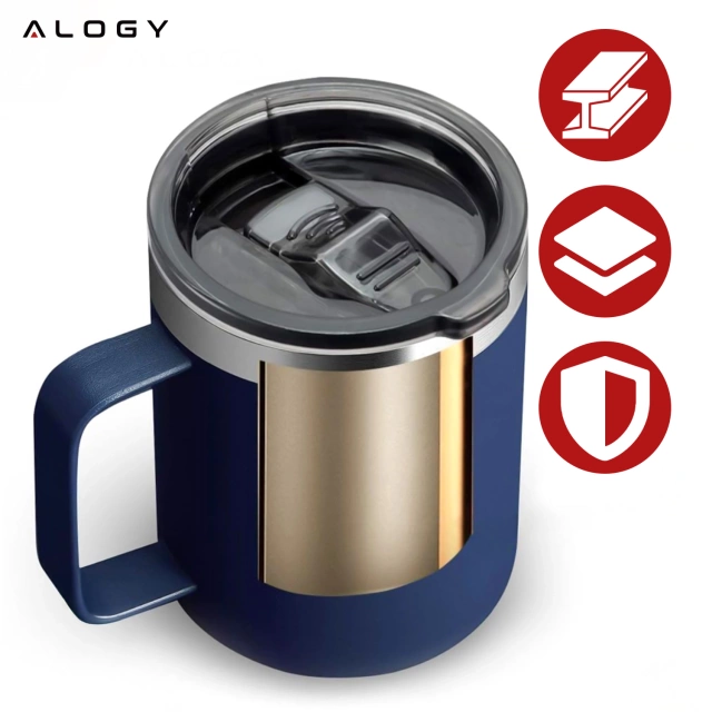 Alogy Kubek termiczny z uchwytem Thermal Mug otwierana pokrywka stalowy zimno i ciepło granatowy