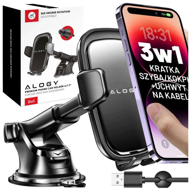 Uchwyt samochodowy na telefon szybę kratkę kokpit deskę do samochodu auta do telefonu 7" Alogy 3w1 Czarny + Organizer