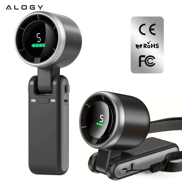 Wiatrak Mini wentylator Cyrkulator powietrza Alogy SmartFan™ Neck wiatraczek ręczny biurkowy z paskiem na szyję wyświetlacz LED 3600mAh Czarny