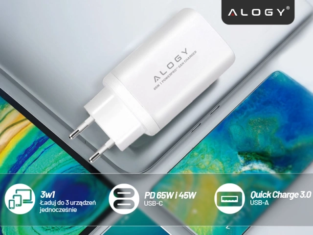 Ładowarka Sieciowa 3w1 z Technologią GaN3 65W, Szybkie Ładowanie PD i QC, Porty 2x USB-C 65W + USB-A 30W, Kompaktowa i Wydajna, Alogy GaNCharge Compact™ – Biała