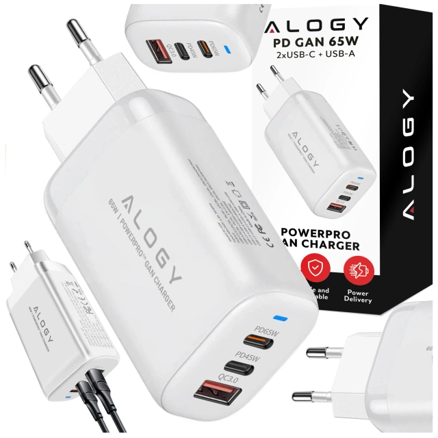 Ładowarka Sieciowa 3w1 z Technologią GaN3 65W, Szybkie Ładowanie PD i QC, Porty 2x USB-C 65W + USB-A 30W, Kompaktowa i Wydajna, Alogy GaNCharge Compact™ – Biała