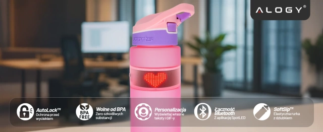 Butelka Bidon na Napoje LED, Inteligentna z Wyświetlaczem i Łącznością Bluetooth, Słomka, Motywacyjna, Wielokrotnego Użytku, Alogy FitBottle™ - Różowa