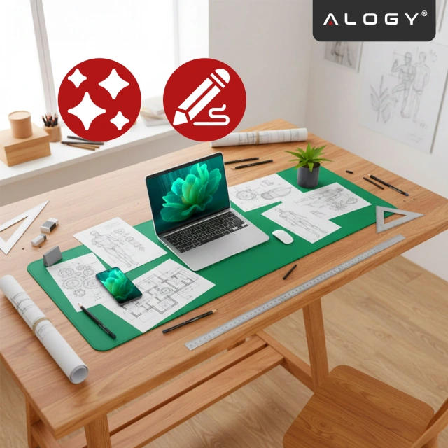 Podkładka na biurko 80×40 cm – antypoślizgowa mata ochronna z eleganckiej ekoskóry PU, pod mysz i klawiaturę, stylowa i trwała – Alogy WorkMat™ Zielona