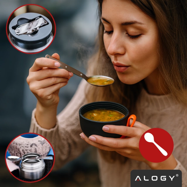 Alogy Termos obiadowy na jedzenie zupe dla dzieci 700ml ze stali nierdzewnej + składana łyżeczka termiczny szary