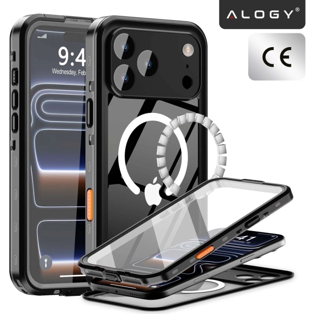 Etui Wodoodporne do Apple iPhone 17 Pro 6,3", Pancerna Obudowa 360° z Przezroczystym Tyłem, Kompatybilna z MagSafe, Alogy HydroArmor™ IP68 Case – Czarne
