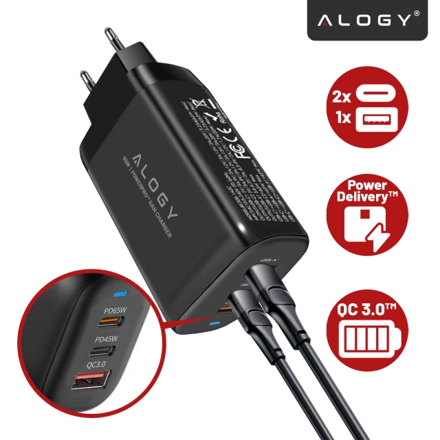 Ładowarka Sieciowa 3w1 z Technologią GaN3 65W, Szybkie Ładowanie PD i QC, Porty 2x USB-C 65W + USB-A 30W, Kompaktowa i Wydajna, Alogy GaNCharge Compact™ – Czarna