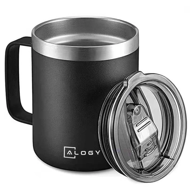 Alogy Kubek termiczny z uchwytem Thermal Mug otwierana pokrywka stalowy zimno i ciepło Czarny