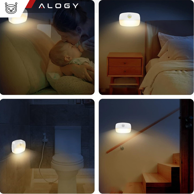 2x Alogy Lampka nocna z czujnikiem ruchu LED Night Light 3 barwy światła do gniazdka EU Biała