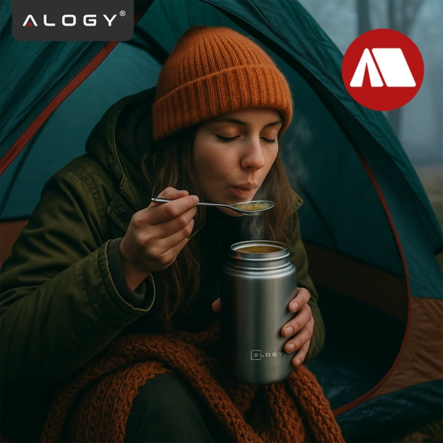 Alogy Termos obiadowy na jedzenie zupe dla dzieci 700ml ze stali nierdzewnej + składana łyżeczka termiczny szary