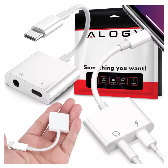 Adapter USB-C do Mini Jack 3.5mm i USB-C Kabel AUX Alogy do Apple iPhone USB-C Biały