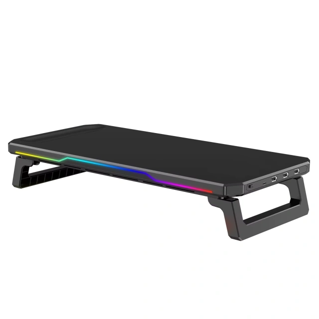 Podstawka pod monitor z lampką listwą świetlną RGB z wejściami HUB USB (3× USB-A, 1× USB-C) – biurkowa do Home Office, Gaming, poprawa ergonomii – Alogy MonitorStand™ Czarna