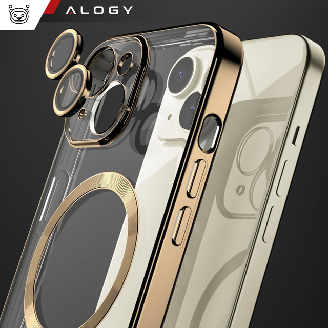 Alogy Etui do iPhone 15 MagSafe Case Glamour Luxury Ring obudowa Złote przezroczyste