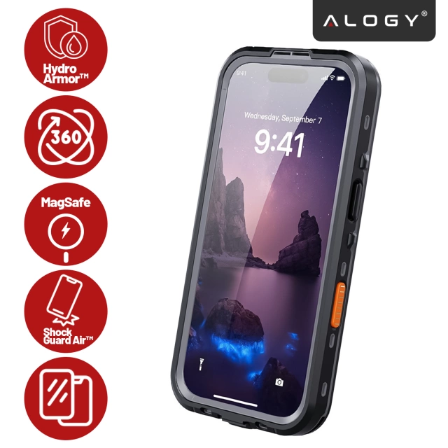 Etui Wodoodporne do Apple iPhone 17 6.3", Pancerna Obudowa 360° z Przezroczystym Tyłem, Kompatybilna z MagSafe, Alogy HydroArmor™ IP68 Case – Czarne