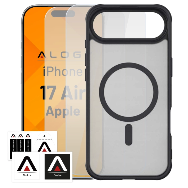 Zestaw 3w1 Etui Hybrydowe MagSafe + 2x Szkło Hartowane do Apple iPhone 17 Air, Wzmocniona Ochrona, Odporne i Precyzyjnie Dopasowane, Alogy 3in1 Case Pack™ – Czarne