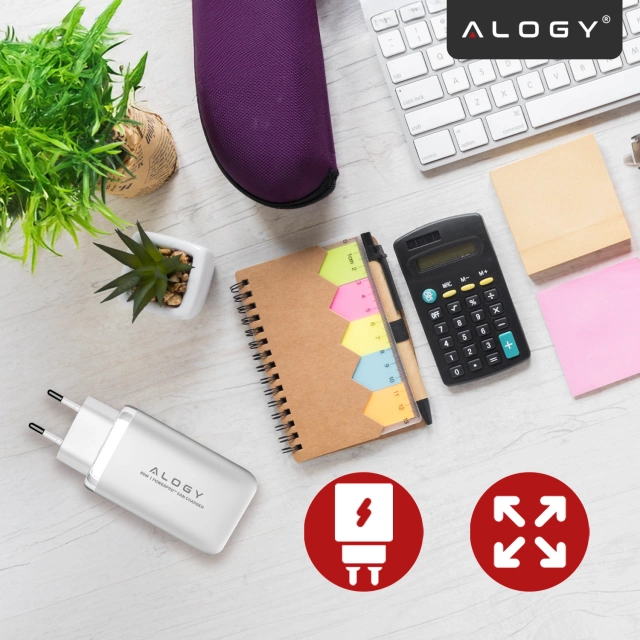 Ładowarka Sieciowa 3w1 z Technologią GaN3 65W, Szybkie Ładowanie PD i QC, Porty 2x USB-C 65W + USB-A 30W, Kompaktowa i Wydajna, Alogy GaNCharge Compact™ – Biała
