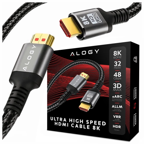 Kabel HDMI 2.1 15 m, 4K/8K Alogy Ultra High Speed™ 48 Gbps 60Hz, Premium z Pozłacanymi Końcówkami, Nylonowy Oplot, Miedziany – Czarny