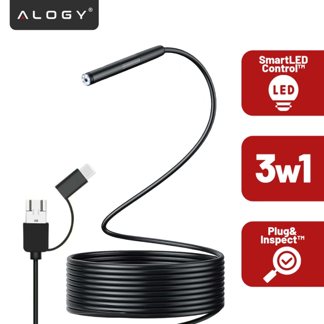 Alogy Hard Wire Kamera inspekcyjna endoskopowa micro USB + USB-C + USB Full HD 5m 8mm Endoskop