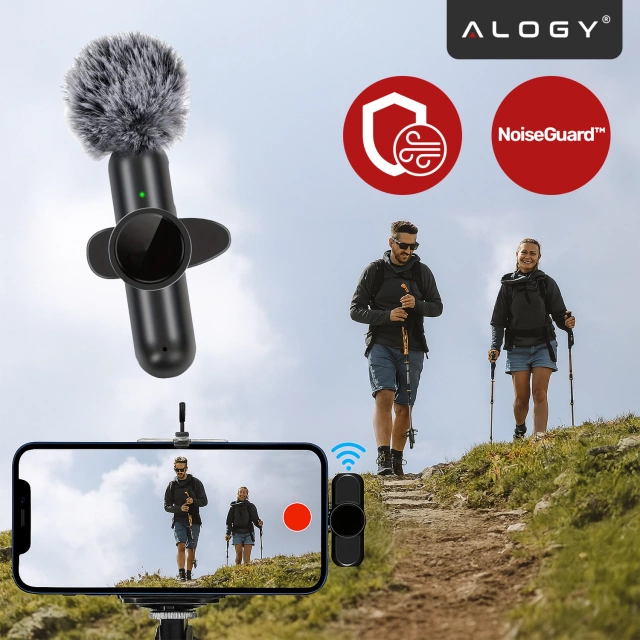 Mikrofon Bezprzewodowy 2x Zestaw - Lightning do iPhone, redukcja szumu, lekka konstrukcja, zasięg do 20 metrów - 2x Mikrofon Krawatowy z Futerkową Osłoną, Odbiornik do telefonu - Alogy DualVoice™ Czarny