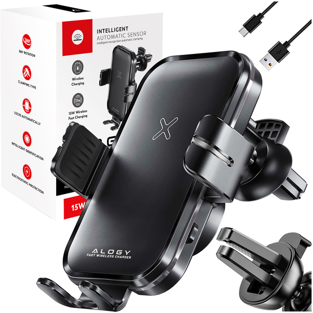 Alogy Uchwyt samochodowy Fast Wireless Charging Car Holder z Ładowarką Qi indukcyjną 15W do auta na kratkę