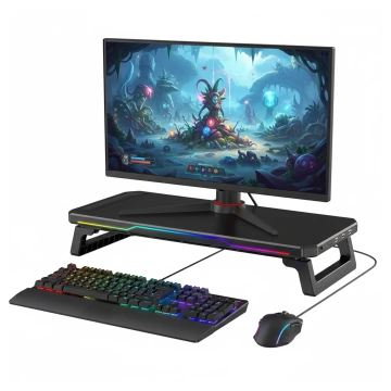 Podstawka pod monitor z lampką listwą świetlną RGB z wejściami HUB USB (3× USB-A, 1× USB-C) – biurkowa do Home Office, Gaming, poprawa ergonomii – Alogy MonitorStand™ Czarna