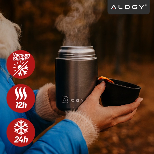 Alogy Termos obiadowy na jedzenie zupe dla dzieci 700ml ze stali nierdzewnej + składana łyżeczka termiczny szary