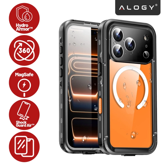 Etui Wodoodporne do Apple iPhone 17 Pro 6,3", Pancerna Obudowa 360° z Przezroczystym Tyłem, Kompatybilna z MagSafe, Alogy HydroArmor™ IP68 Case – Czarne