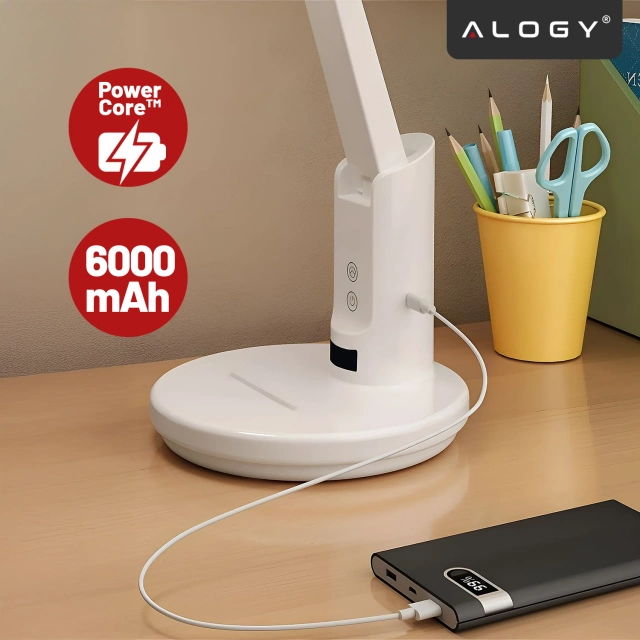 Lampka biurkowa nocna LED – akumulator 6000 mAh, regulacja światła i trybów, miejsce na telefon, stabilna, idealna do nauki i pracy – Alogy MultiStand™ Biała