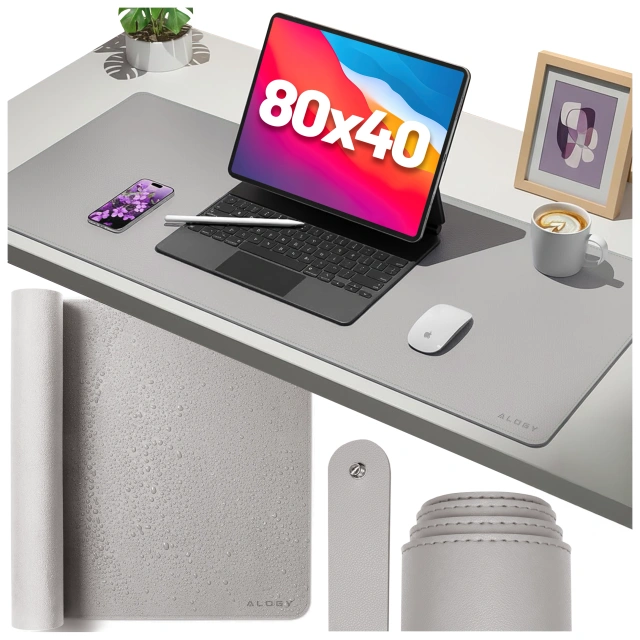 Podkładka na biurko 80×40 cm – antypoślizgowa mata ochronna z eleganckiej ekoskóry PU, pod mysz i klawiaturę, stylowa i trwała – Alogy WorkMat™ Szara