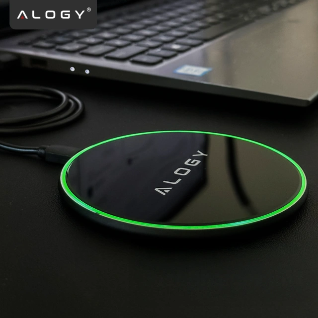 Ładowarka indukcyjna Ultra-Slim Qi 15W – bezprzewodowa, szybkie ładowanie z podświetleniem LED, okrągła do iPhone Samsung, w zestawie kabel USB-C – Alogy SlimCharge™ Czarna